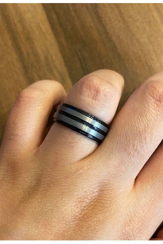 Erkek Gümüş İkili Çizgi Model Siyah Renk Tungsten Yüzük Siyah - Gümüş