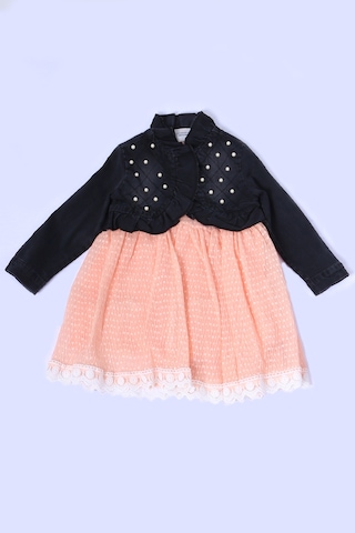 Kız Çocuk Kot Ceketli Elbise Fırfırlı Dantelli Taş İşlemeli F19 Yavruağzı