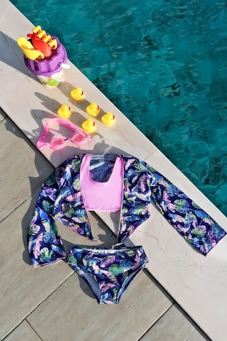 Mayom Kız Çocuk Yaprak Desenli Pareolu Bikini Takımı 3'lü Set-lacivert-pembe Lacivert - Pembe