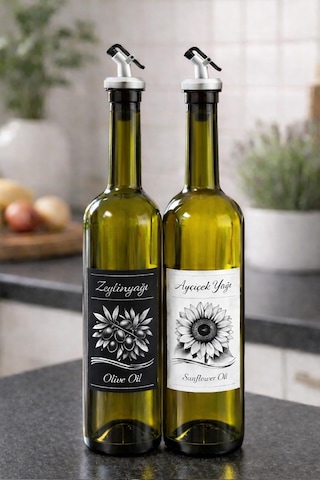 Zeytinyağı Ve Ayçiçek Yağı Şişesi Seti, Beyaz Etiket Ve Yağdanlık Aparatlı, 750 Ml, 2 Adet, Yeşil Cam Şişe Çok Renkli