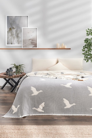 Kuş Desenli Jakarlı Pike Çift Kişilik 240 250cm Gri