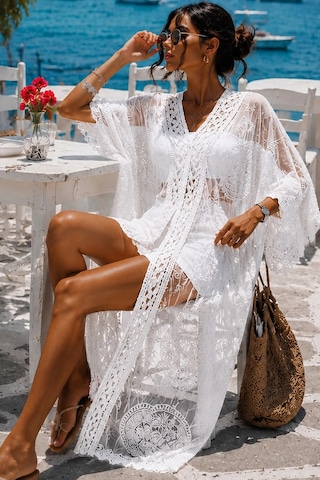 Asprinfashion Kadın İthal Dantel Pareo Kimono Plaj Elbisesi Beyaz Bohem Yazlık Kaftan