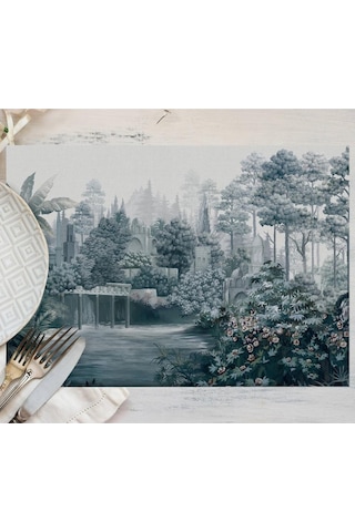 Mavi Ağaç Manzarası Amerikan Servis Keten 35x50cm Uluslararası Yıkama Ve Solmama Sertifikası Çok Renkli