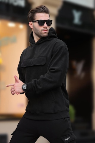 Madmext Siyah Kapüşonlu Kapaklı Cep Detaylı Polar Erkek Sweatshirt 7097 Siyah