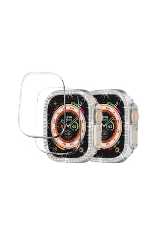 Apple Uyumlu Watch Ultra 1/2 49mm Ekran Koruyuculu Tek Sıra Kenar Taşlı Sert Pc Kasa Koruyucu