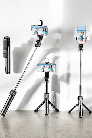 Selfie Çubuğu & Telefon Tripodu Tripod Kablosuz Bluetooth Bağlantılı Selfie Çubuğu 360 Derece Dönebilen
