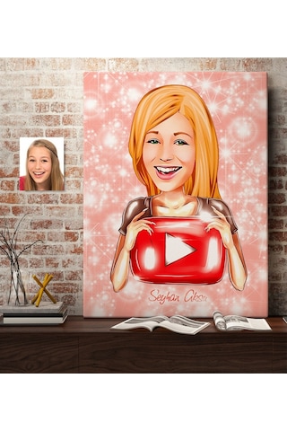 Kişiye Özel Kadın Youtuber Karikatürlü Kanvas Tablo 50X70Cm-1