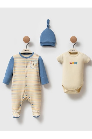 Moi Noi Baby Moi Noi 3lü Şapkalı Baskılı Tulum - Bej