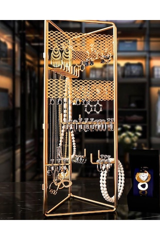 Takı Düzenleyici 3'Lü Altın Takı Organizeri Dekoratif Takılık Küpelik Bileklik Kolye Seti Standı Metal Gold