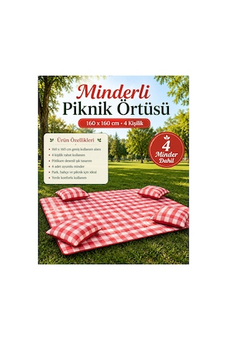 Kırmızı Potikare Piknik Seti 4 Kişilik Minderli Piknik Ortüsü 160x160 Minderleri 40x40 Kırmızı