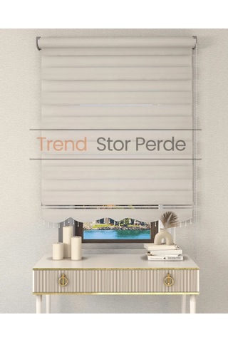 Geniş Plise Beyaz Boncuklu Zebra Stor Güneşlik Perde Opak Ekru