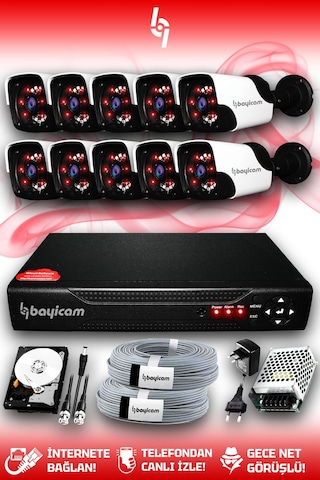 Bayicam 10 Kameralı Panda 10 Dış Kamera Set 320 GB HDD Full HD Gece Görüşlü Güvenlik Kamerası Sistemi