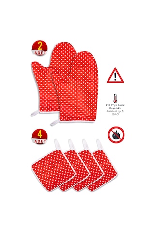 6 Parça Fırın Eldiveni Ve Tencere Tutacak Mutfak Seti & 220 Derece Isıya Dayanıklıkırmızı Puantiye
