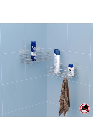 Teknotel Yapışkanlı Kancalı 2 Adet Banyo Rafı Silver St217H Gümüş