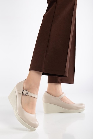 Baretli Suni Deri Bej Rugan Kadın Dolgu Taban Ayakkabı-3808 Bej