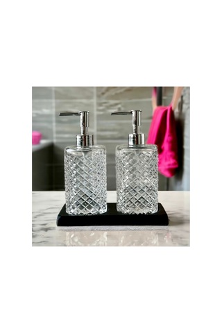 Siyah Standlı 2 Li Cam 500 Ml Gri Başlıklı Sıvı Sabun Bulaşık Deterjan Şişesi Sabunluk Set Şeffaf 632345543 Şeffaf