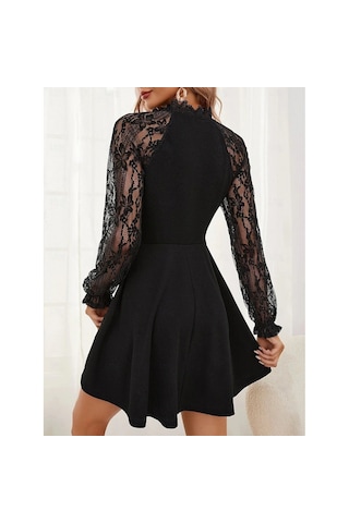 Kadın Uzun Kollu Yakadan Bağcıklı Dantel Detaylı Kısa İthal Krep Siyah