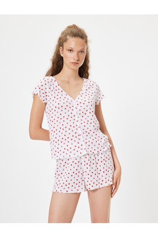 Koton Çilek Baskılı Şortlu Pijama Takımı Dokulu Rahat Kalıp Kırmızı Desenli 4slk40167mk Kırmızı