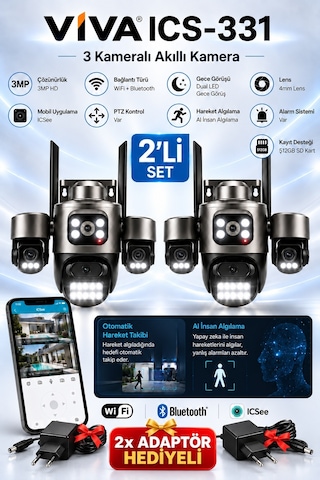 Ics-331 2'li Set 3 Kameralı Akıllı Dış Mekan Ptz Wifi Güvenlik Kamerası 3mp Icsee Aı İnsan Takip Çift Yönlü Ses
