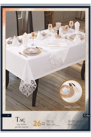Cekihome Taç Keten Yemek Takımı Masa Seti 12 Kişilik 26 Parça Supla Runner Set Krem-krem