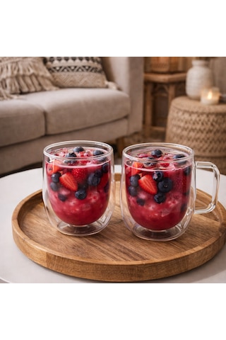 Porsima Pbt-323 Çift Cidarlı 2li Cam Kupa Çay Kahve Kupası Isı Yalıtımlı Kulplu Cam Bardak Seti 250 Ml Cam - Şeffaf