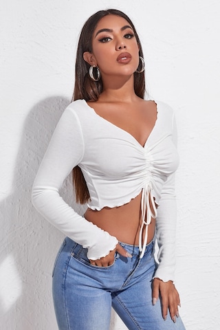 Veraura Lifestyle Kadın Beyaz Uzun Kollu Büzdürme Bağcık Detaylı Crop Top Bluz