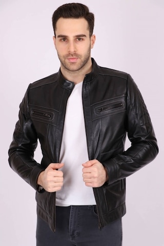 Erkek Siyah Hakiki Deri Hakim Yaka Omuzları Baklava Dikişli Spor Mont