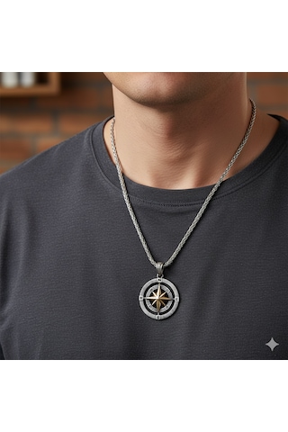 925 Ayar Gümüş Çift Taraflı Pusula Kolye Erkek Minimalist Compass Kolye Uzun Zincirli Şık Erkek Takı Hediye