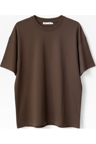 Feg Store %65 Pamuk Kadın Oversize Kahverengi Fit Bisiklet Yaka T-shirt