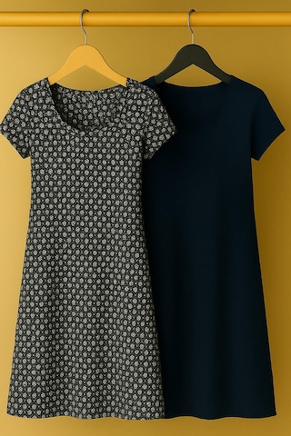 2 Adet Dökümlü Rahat Kalıp Günlük Penye Kumaş Elbise Koyu Lacivert