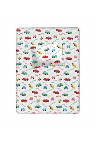 %100 Pamuklu Bebek Lastikli Çarşaf 60x120+20 Bebek Yastık Kılıfı 35x45 Araba Desenli