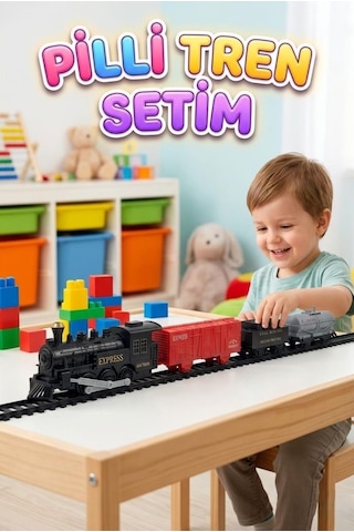 12 Parça Pilli Tren Seti Işıklı Ve Duman Çıkaran Modüler Ray Sistemli Siyah Tren Kırmızı Vagon