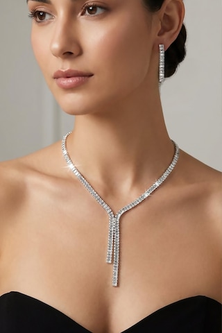 Valmont Accessories 39 Cm Zirkon Taşlı Y Model Şık Işıltılı Tasarım Düğün, Kına, Nişan Gelin Takı Seti Gümüş