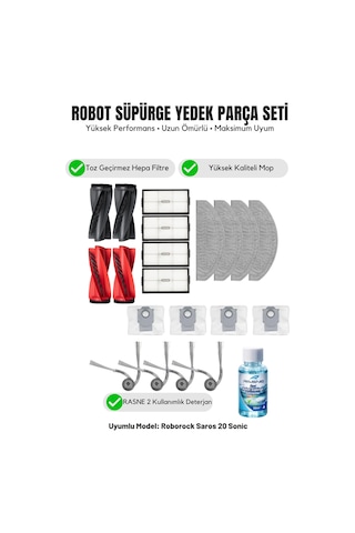 Roborock Saros 20 Sonic İle Uyumlu 2 Ana Fırça 4 Yan Fırça 4 Filtre 4 Mop 1 Deterjan 4 Toz Torbası 8.0 Roborock Saros 20 Sonic İle Uyumlu 2 Ana Fırça 4 Yan Fırça 4 Filtre 4 Mop 1 Deterjan 4 Toz Torbası 8.0