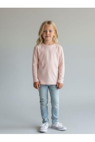 Zekids Kız Çocuk Pamuklu Bisiklet Yaka Uzun Kollu İnce Basic T-shirt-16776 Somon