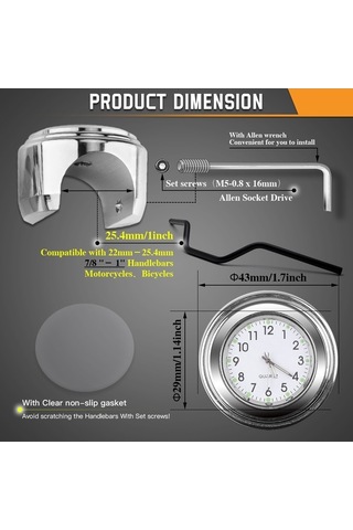 Pazly Evrensel Motosiklet Gidon Saati - Tüm Motosikletler İçin Su Geçirmez Model K20473-1