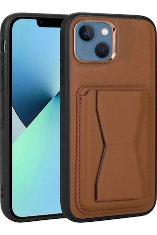 More Tr Apple Uyumlu iPhone 13 Uyumlu Kartlıklı Standlı Pu Deri Mtr Memo Kılıf-kahverengi