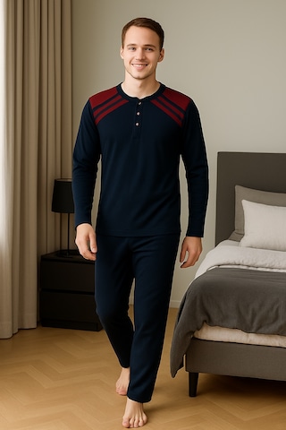 Mutlu City Erkek İnterlok Rahat Kalıp Sıfır Yaka Pamuk Pijama Takımı 6772 Lacivert - Bordo
