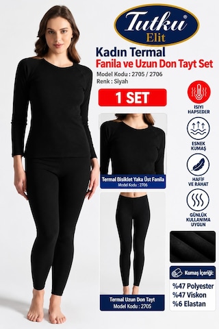Tutku Elit Kadın Termal Bisiklet Yaka Fanila Ve Uzun Alt İçlik Tayt Set 2705 /2706- 1 Set Siyah