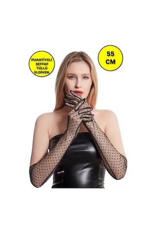 Uzun Boy Siyah Puantiyeli Siyah Renk Yetişkin Tül Eldiven 55 Cm Çok Renkli