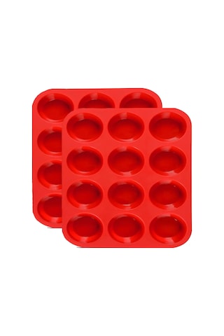 Yaleker 2 Adet Silikon Muffin Kalıbı 12'li Set - Anti Yapışkan Pişirme Formu KIrmızı