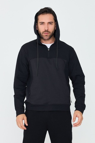 White Stone Siyah Kapüşonlu Yarım Fermuarlı Yandan Cepli Erkek Sweatshirt
