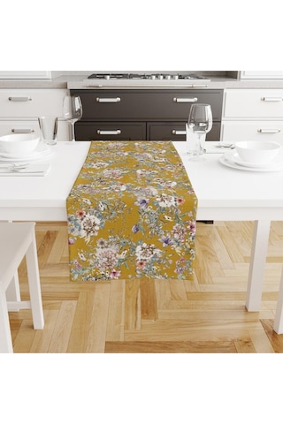Colourful Flowers Runner 140x45cm İnce Keten, Uluslararası Yıkama Ve Solmama Sertifikası Çok Renkli