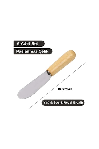 6'lı Ahşap Saplı Kahvaltı Bıçağı Paslanmaz Çelik Yağ Sos Reçel Sürme Bıçağı 10,2 cm