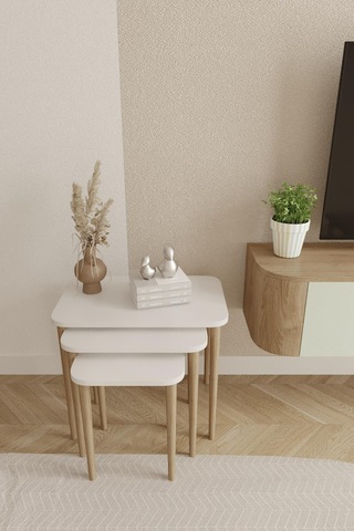 Kare Zigon Sehpa, 3lü Sehpa Seti, Zigon Sehpa,, Ahşap Ayaklı Zigon Sehpa-55 Beyaz