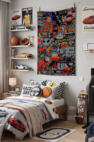 Renkli Pop Art Kolaj Duvar Örtüsü, Genç Odası Dekoru, Baskılı Kumaş Duvar Halısı Beyaz