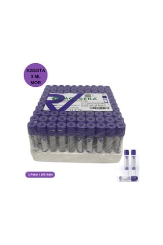 Vakumlu K2 Edtalı Kan Alma Tüpü 3 Ml Mor Kapak 100'lü Paket