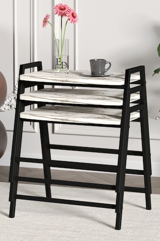 Zigon Sehpa , Aden 3'lü Tepsi Zigon Sehpa Takımı Siyah Metal - Beyaz Mermer Tabla Siyah-beyaz Mermer