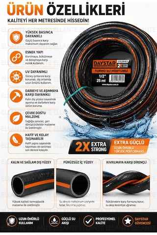 Patlamaz 1/2 İnç 25 Metre Termoplastik Su Hortumu 2x Extra Strong Yüksek Basınca Dayanıklı Esnek Bah