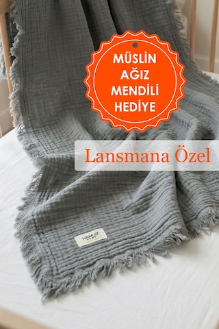 Bebek 4 Katlı Müslin Pike Örtü %100 Pamuk + 2'li Ağız Bezi Yenidoğan 85x100 Battaniye Gri